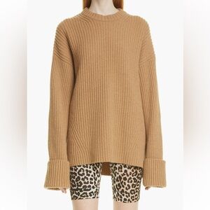 Ganni Ribbed Wool Blend Crewneck Sweater in Camel, size small
